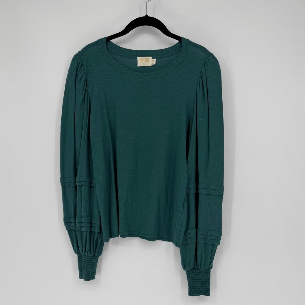 Nation LTD Pima Cotton Puff Sleeve Smocked Cuff Top Teal Green Size M